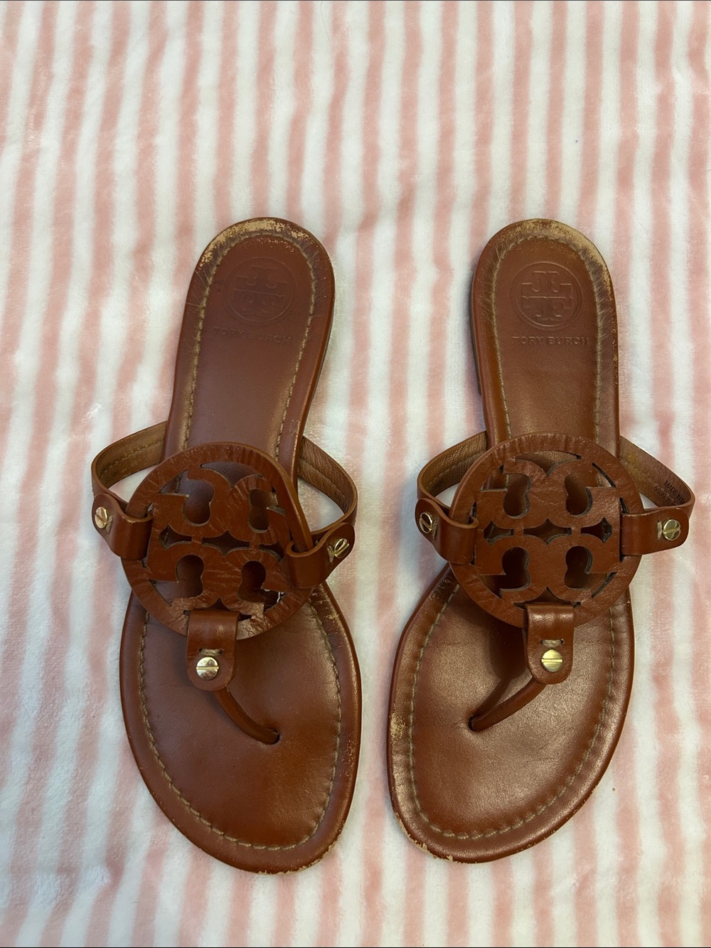 Tory Burch Brown Leather Miller Logo Thong Sandals